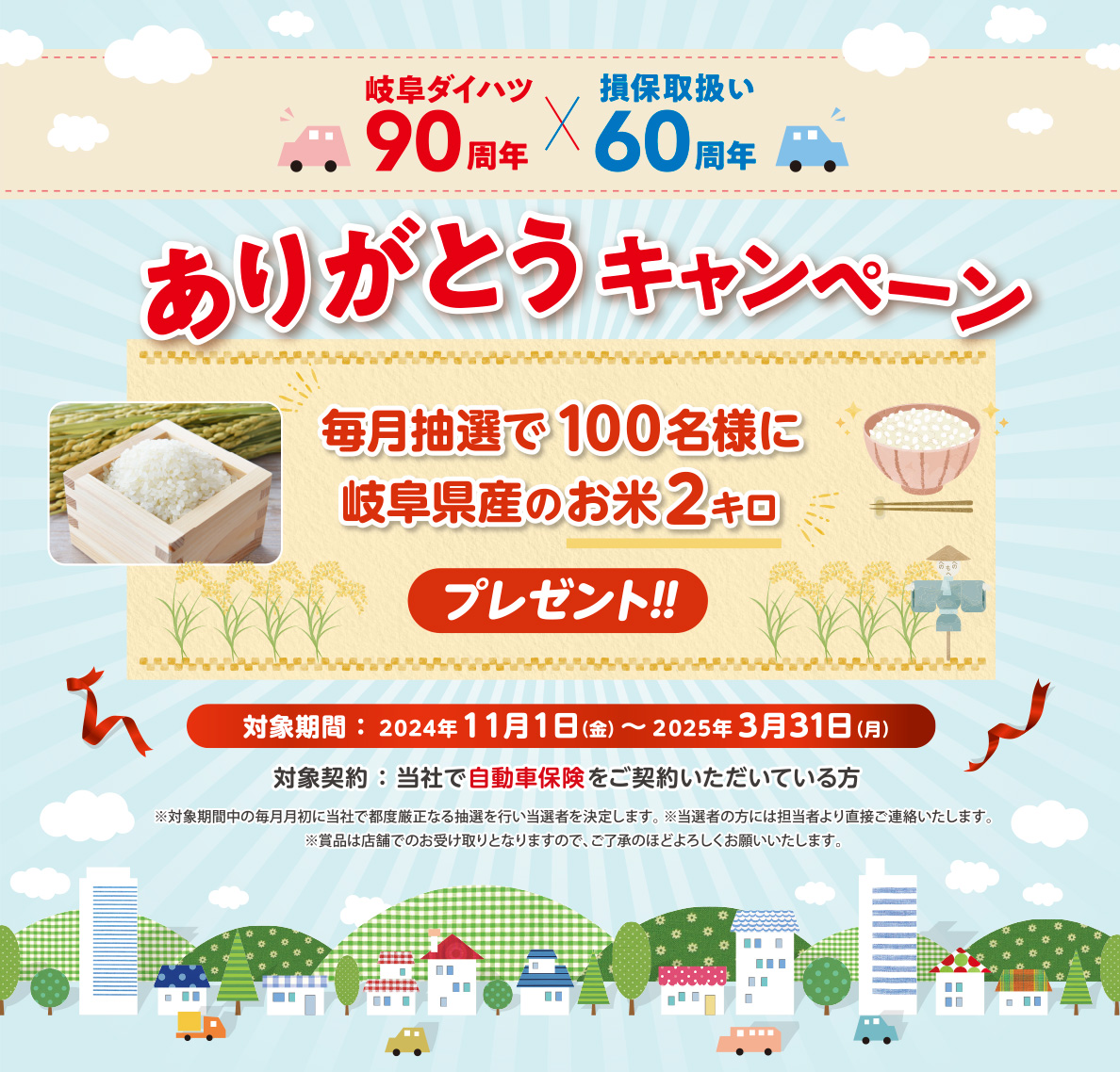 自動車保険ありがとうキャンペーン 毎月抽選で100名様に岐阜県産のお米２kgをプレゼントします♪